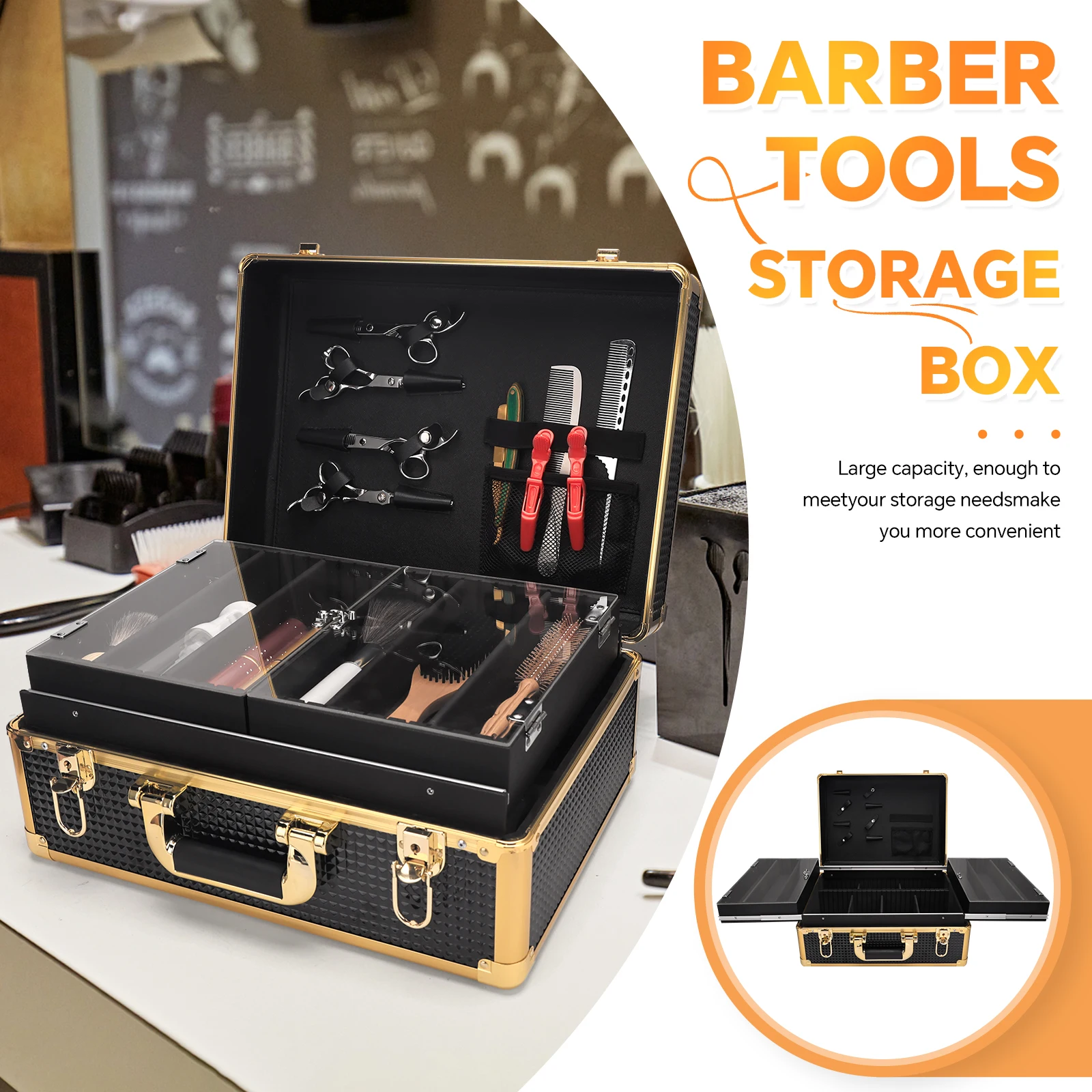 

Password Lock Aluminum Barber Tool Box, Large Makeup Case for Hairstylist with Scissors Comb Curling Rod Organizer