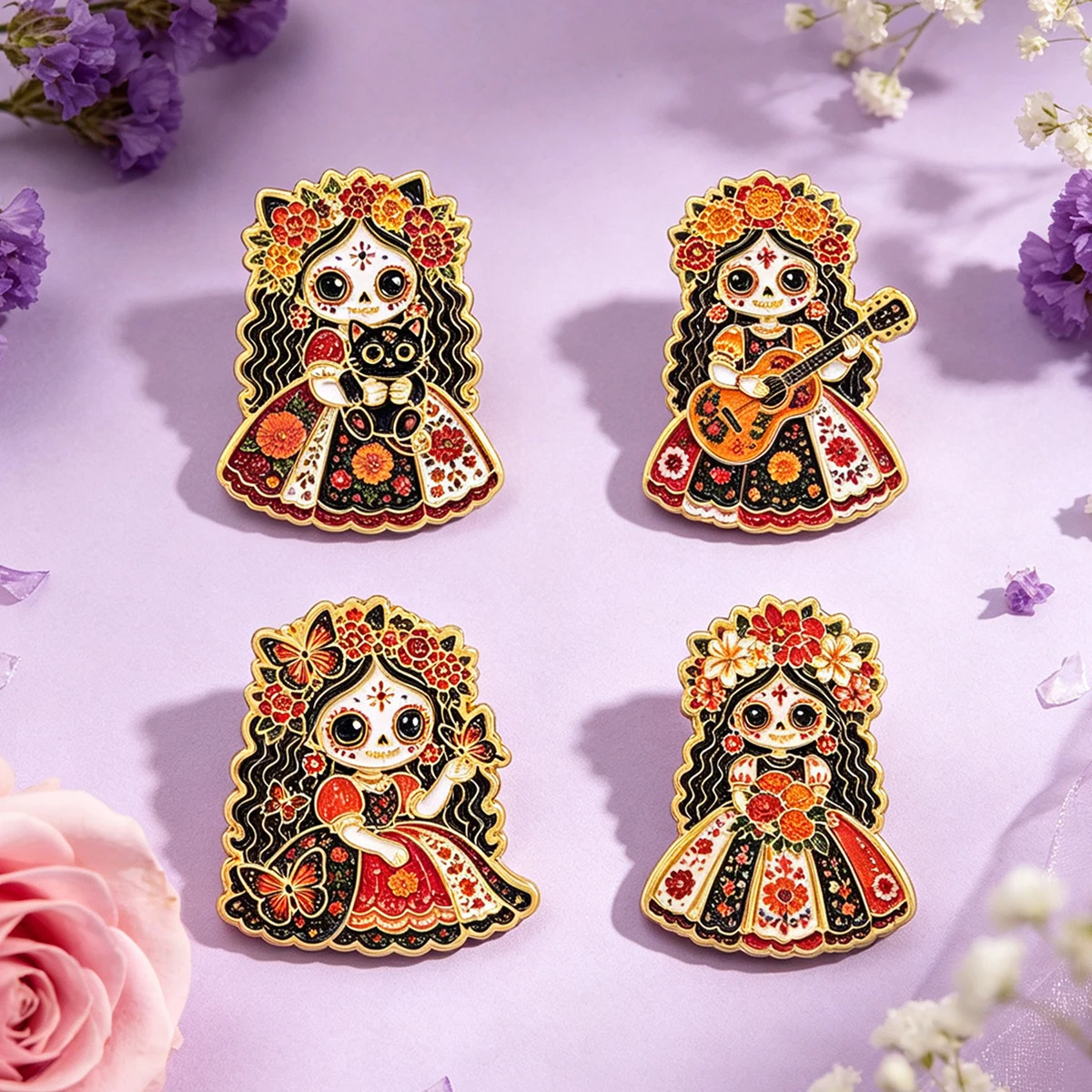 5 Stück/Set, Emaille-Anstecknadel mit Totenkopf-Motiv, Vintage-Braut-Brosche, mexikanische Anstecknadel, Abzeichen, Accessoires, modischer Schmuck, Geschenkidee. – Detail 2