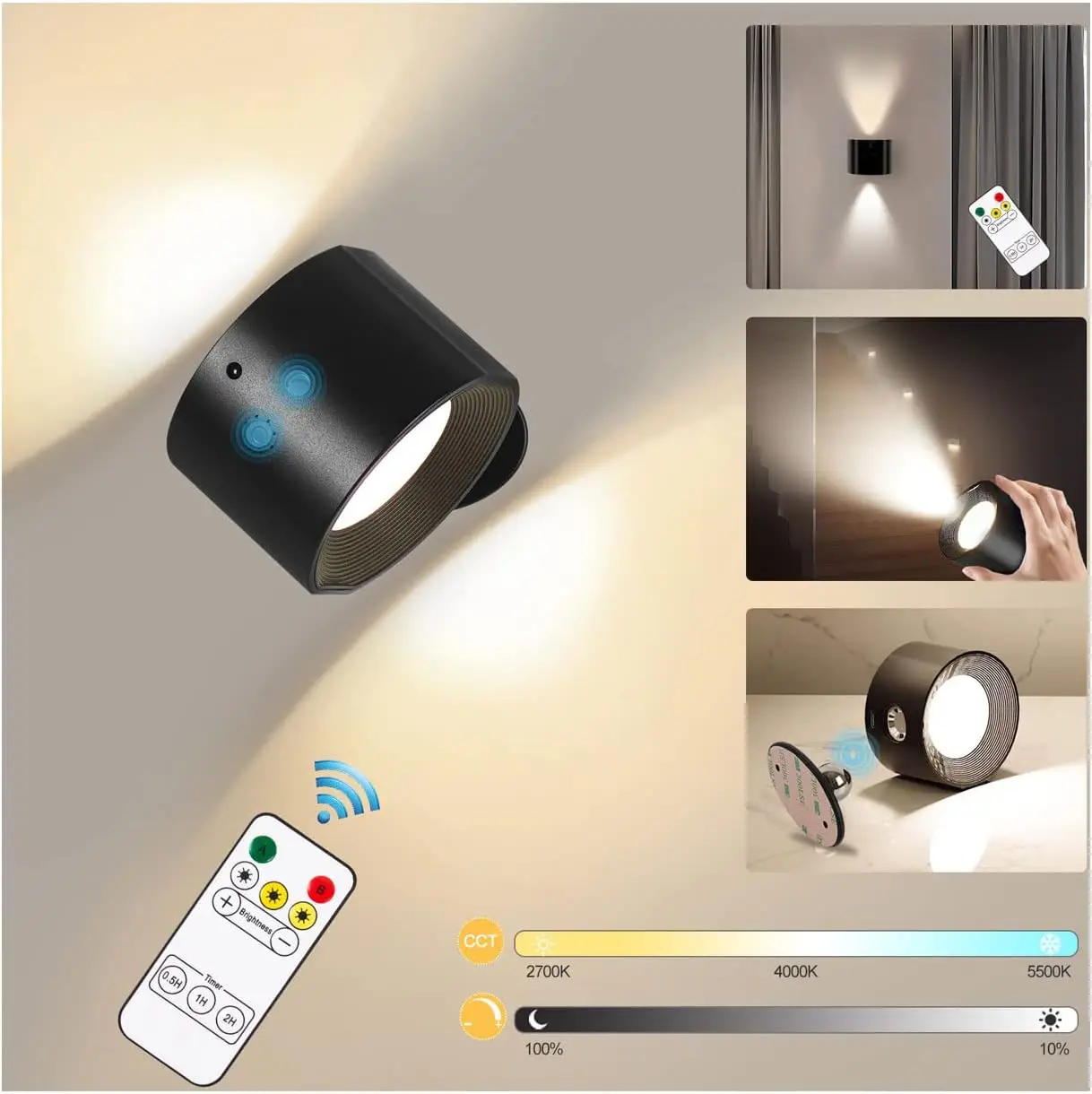 

Led 2 in 1 Wall Lights Touch Control 2000mah Battery Usb Recharge 360° Rotatable Wireless Portable Bedroom Reading Night Lamp