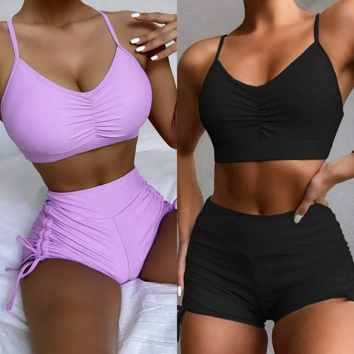 

2025 Summer New Minimalist Solid Color Women Split Bikini Sexy Slim Fit High Waist Female Swimsuit Two-piece Sets