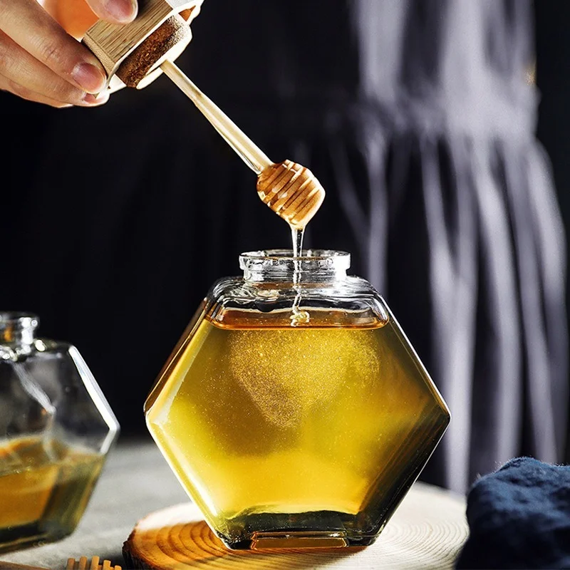 Hexagonal Glass Honey Bottle Wooden Stirring Rod Honey Packaging Bottle 220ML/380ML Small Honey Bottle Container Honey Jar