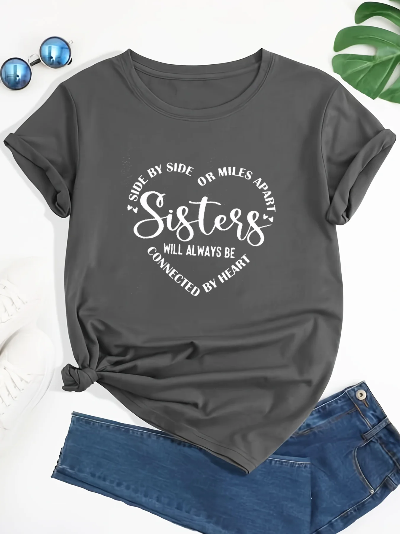 Sisters Print T-Shirt, Short Sleeve Crew Neck Casual Top For Spring & Summer, Women's Clothing