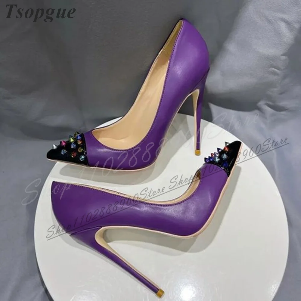 Stylish Purple Splicing Rivet Decoration Pumps Thin High Heel Women Shoes Slip On Pointed Toe 2024 Fashion Zapatos Para Mujere