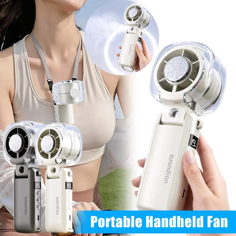 Rechargeable Cold Mist Handheld Fan Digital LCD Display Foldable Design Portable Neck Cooling Fan With Water Spray Function ﻿