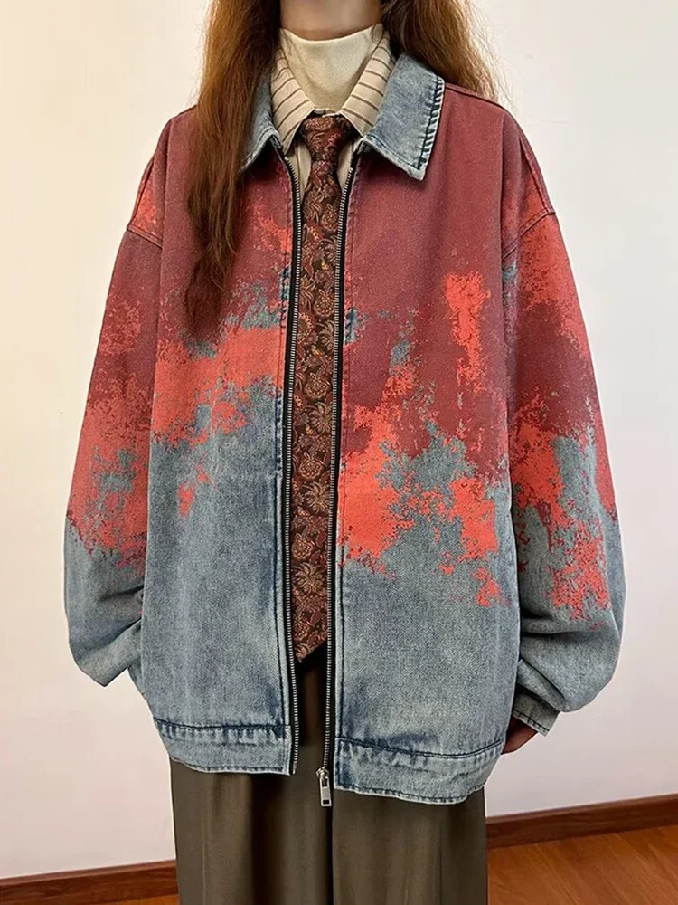 Jesień Kobiety Vintage Loose Tie Dye Gradient Denim Coat Female Casual Blue Trendy Niche Jeans Jacket Odzież wierzchnia Streetwear 3XL