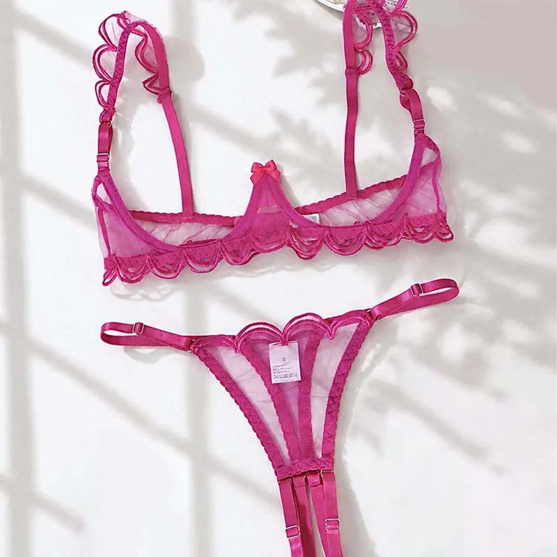 Sexy Women Bra Set Rose Red Mesh Lingerie Three-point Intimate Underwear Bow Underwire Bralette Crotchless Thong Lingerie Set