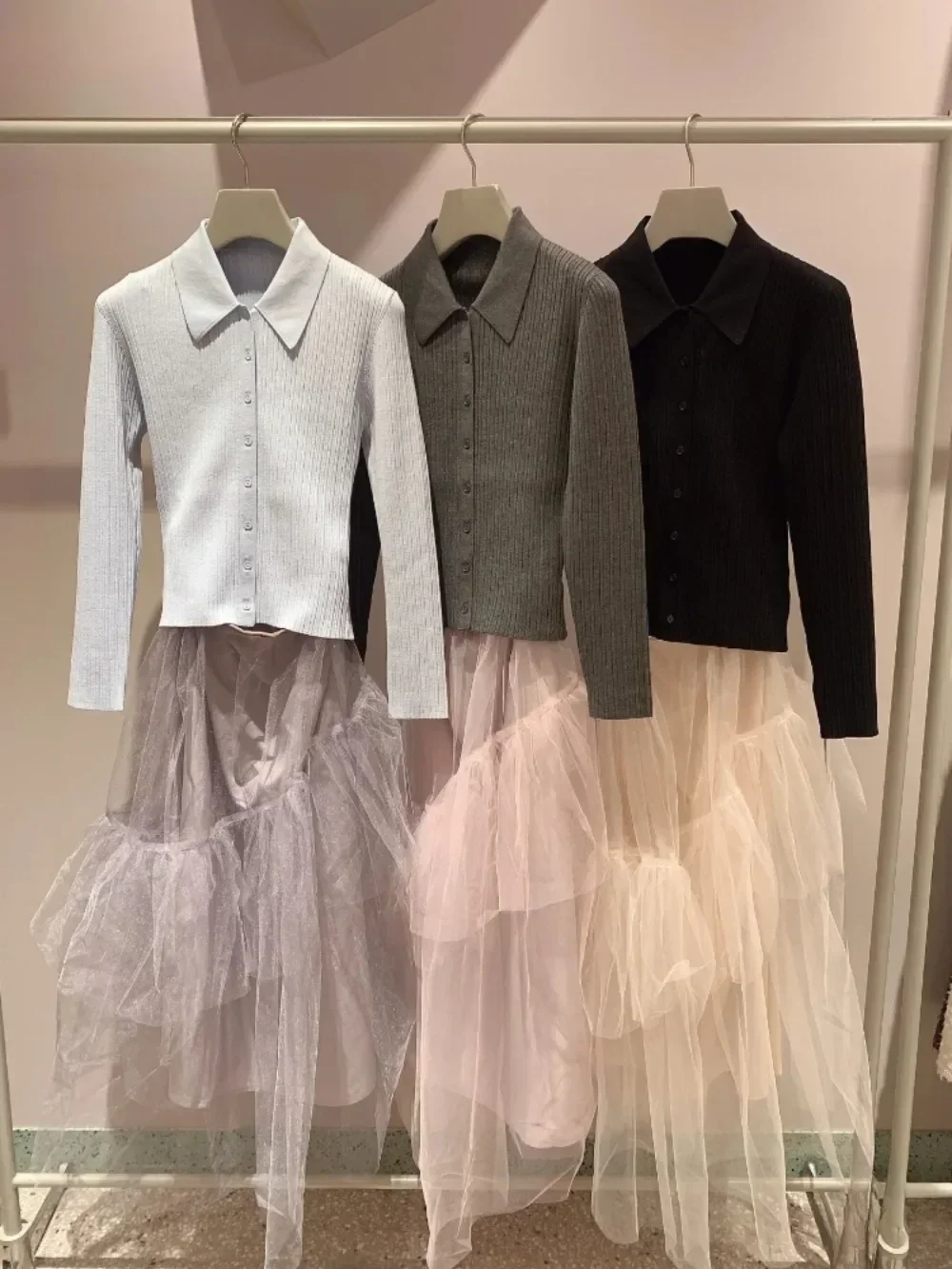 Sweet Knit Set Turn Down Collar Long Sleeve Japanese Single Breasted Sweater+ Irregular Voile Ruffles Skirt Fashion Suit