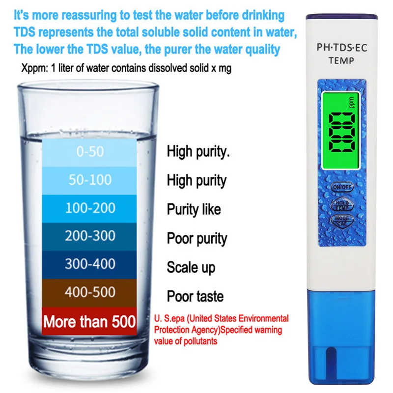Pluma de prueba de PH, sonda de alta sensibilidad Cuatro en Uno, pluma TDS/TEMP, calibración EC de un punto para el hogar, medidor de prueba de calidad del agua