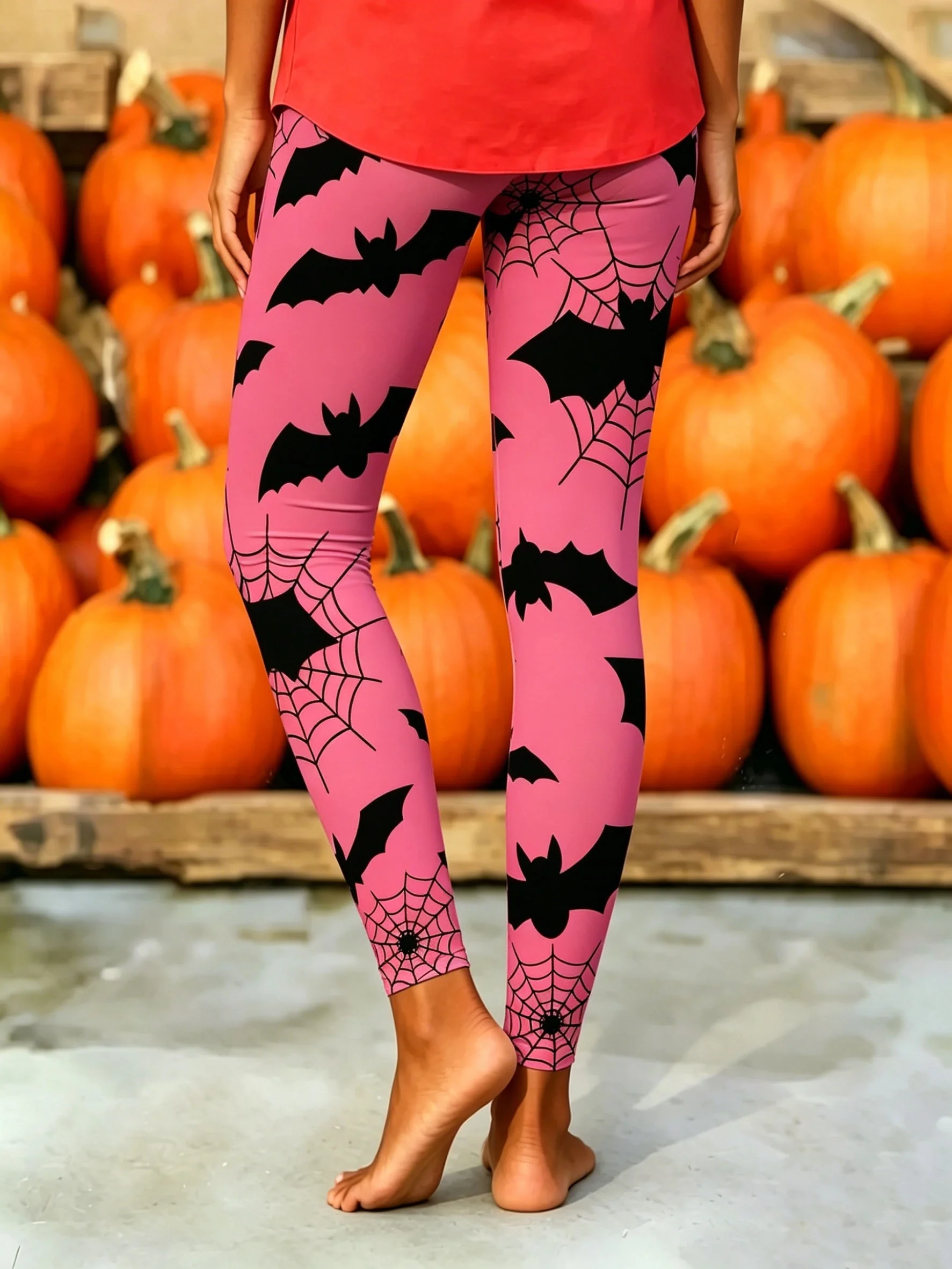 Women Fleece Lined Leggings Pink Halloween Bat Spider Web Print Stretch Warm Pants
