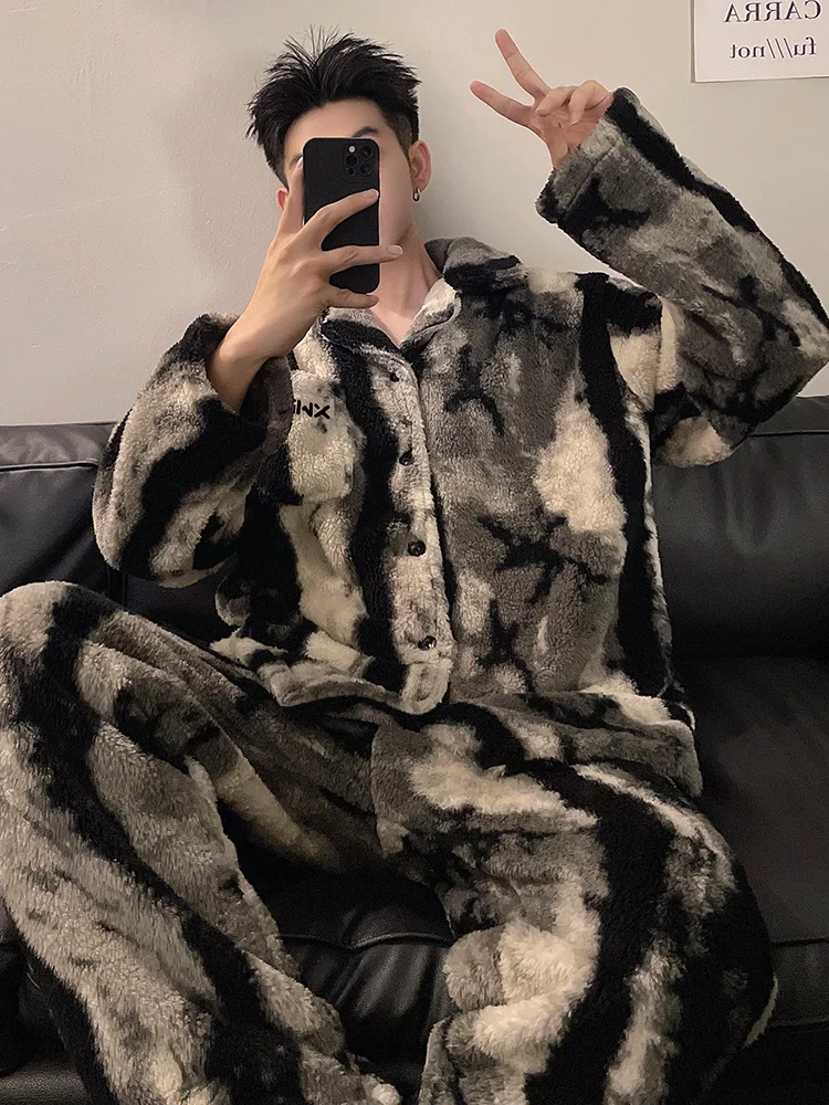 

DAIMELU pajamas men's autumn and winter coral fleece flannel premium striped teen thickened warm loungewear set sleepwear male