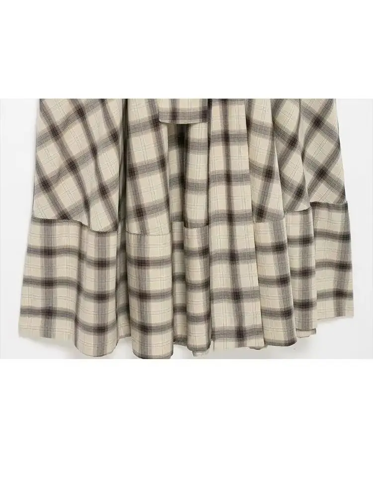 Hh moda feminina tripulação pescoço botão xadrez camisa estilo vestido de manga longa feminino verão cinto bolso decoração casual vestido linha a