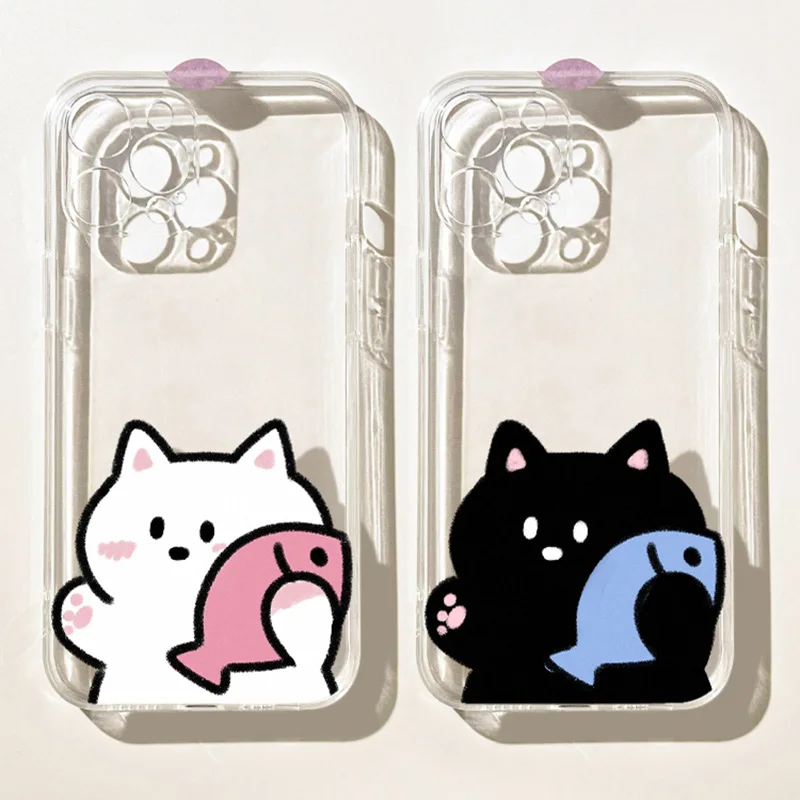 Transparent Cute Animal Cat Fish Couple Phone Case For iPhone 16 15 14 13 12 11 Pro Max Plus 17 Air 13Mini Shell Cover Fundas