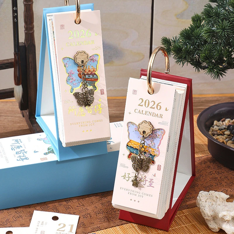 

1Pcs Gold Ring Binding 365 Days Vintage Oil Painting 2026 Desk Calendar Inspirational Quotes One-Way Page Turn Daily Planner