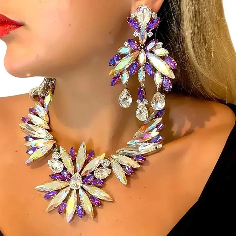 

Exaggerated Flowers Necklace Earrings Set for Women Girls Party Statement Purple White Rhinestones Jewelry Set 2024 Accessories