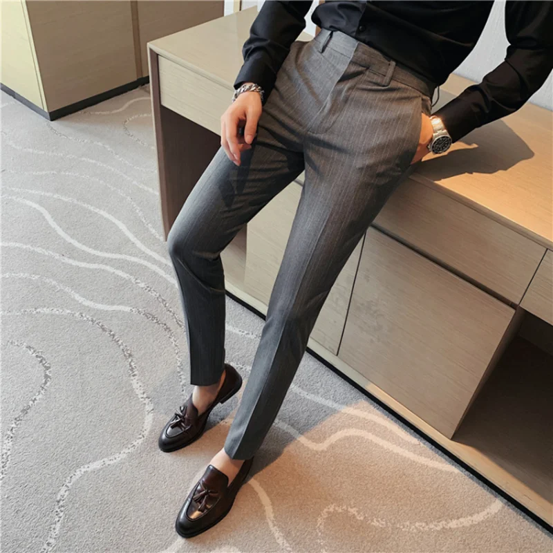 Plus Size 40 42 Spring Summer Double Line Stripe Suit Pants Men Clothing 2022 Korean Slim Fit Business Formal Wear Office Pants