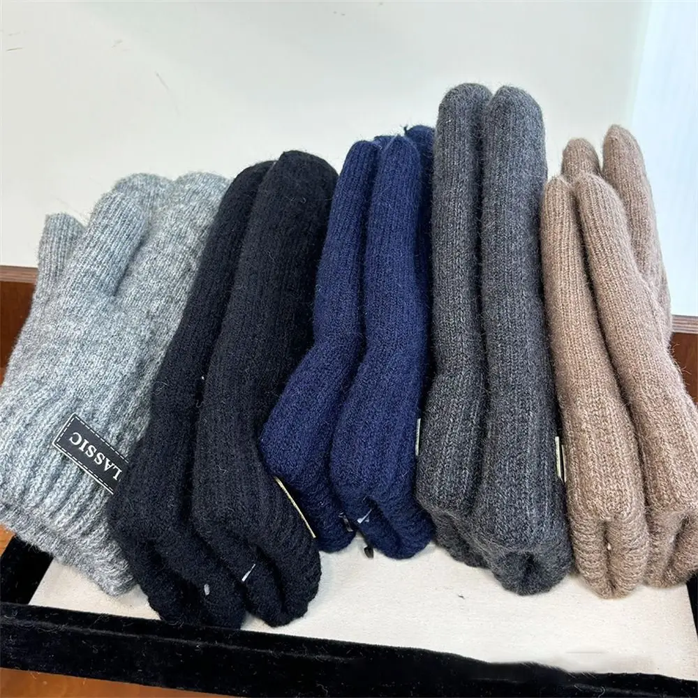 قفازات محبوكة سميكة من الصوف للرجال والنساء ، جميع قفازات الأصابع ، مقاومة للبرد ، مقاومة للرياح ، دافئة ، أحادية اللون ، أنيقة
