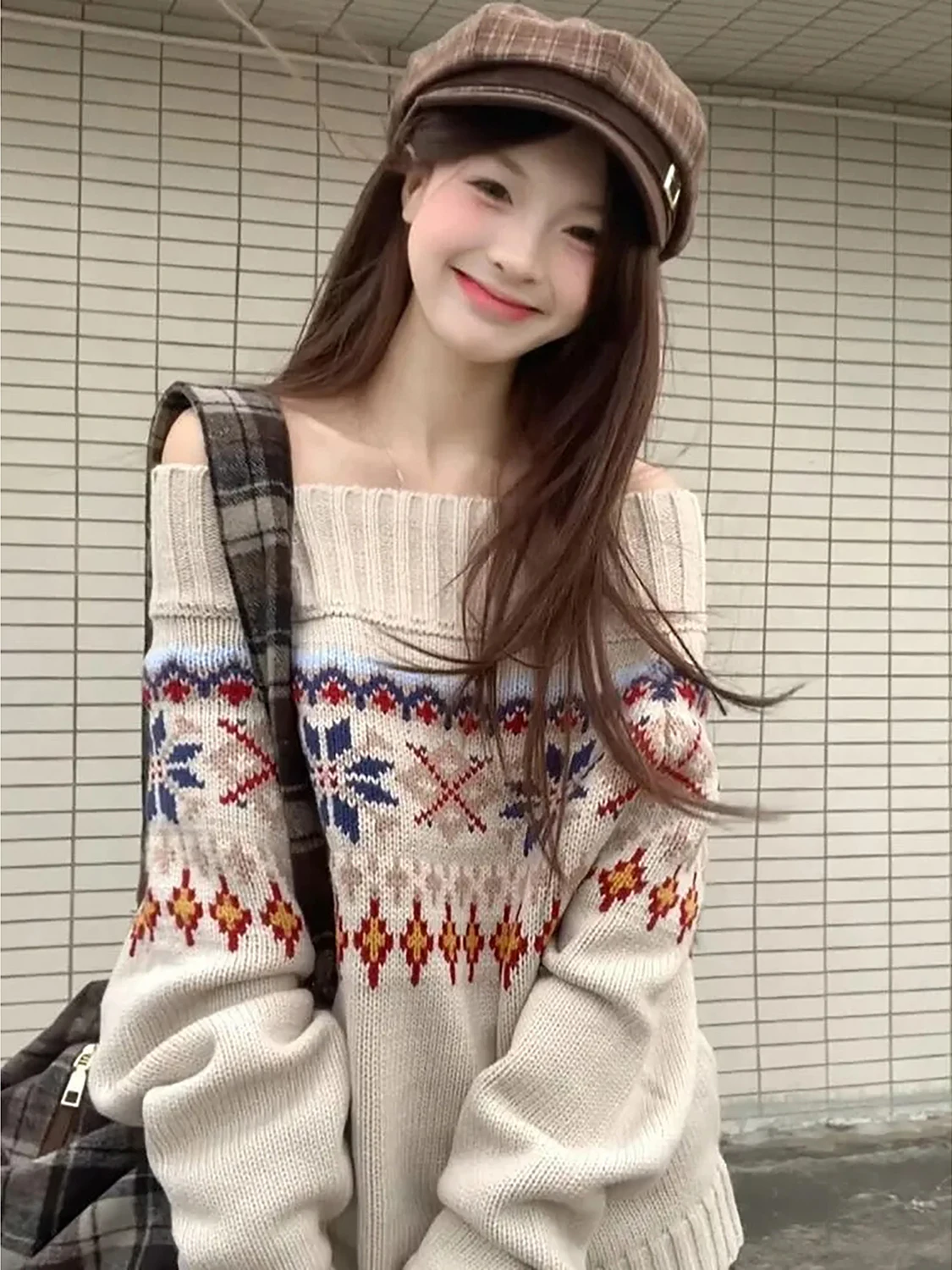 الرجعية معرض جزيرة متماسكة سترة المرأة فضفاضة كسول يشعر oulder كلمة واحدة الخريف الشتاء جديد Sle طويل Sve النقي على الانترنت Ss #1