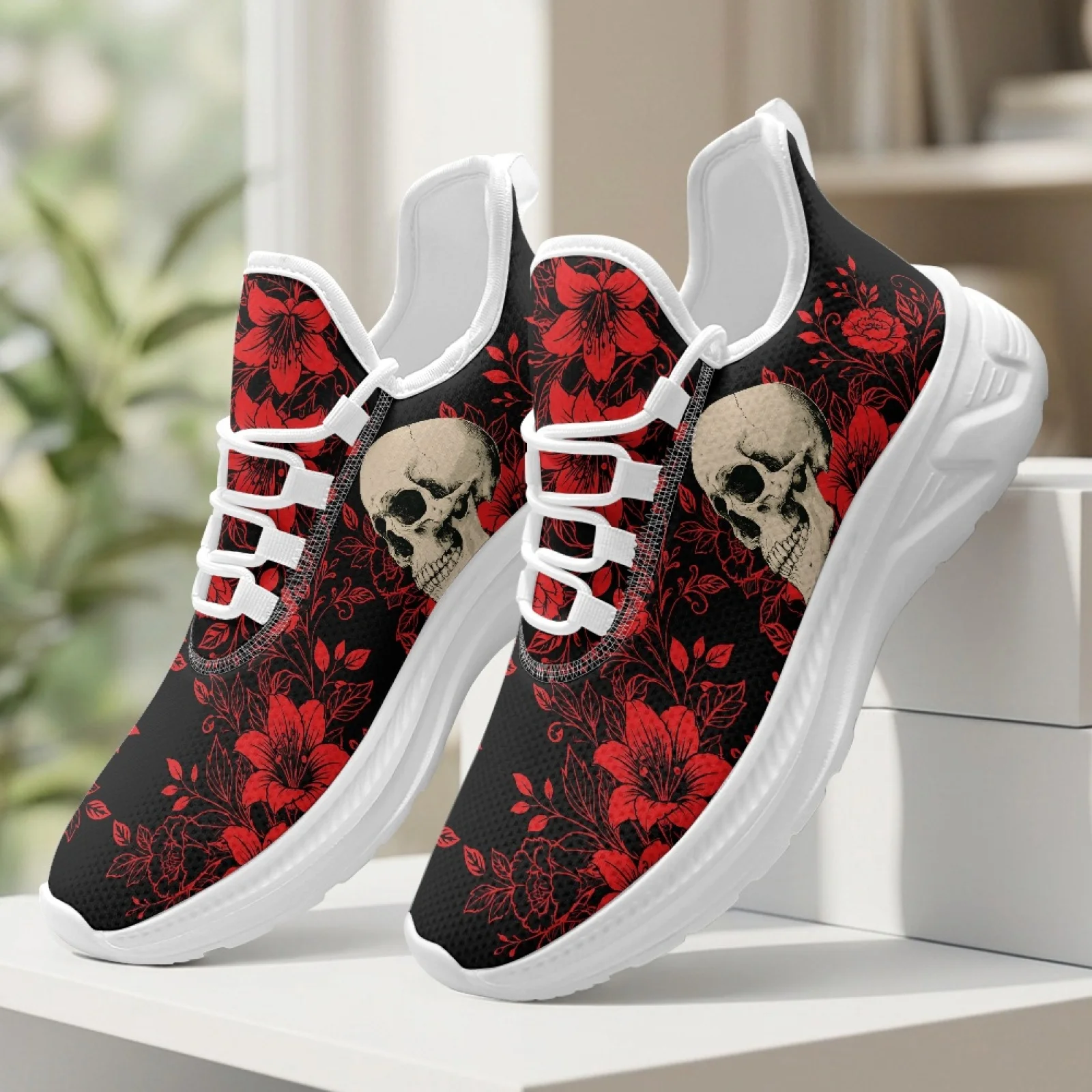 XIXIRIMIDO Skull Rose Mesh Sneakers Women'S Running Shoes Men'S Commuter Shoes Soft Breathable & Lightweight Comfortable 35-48