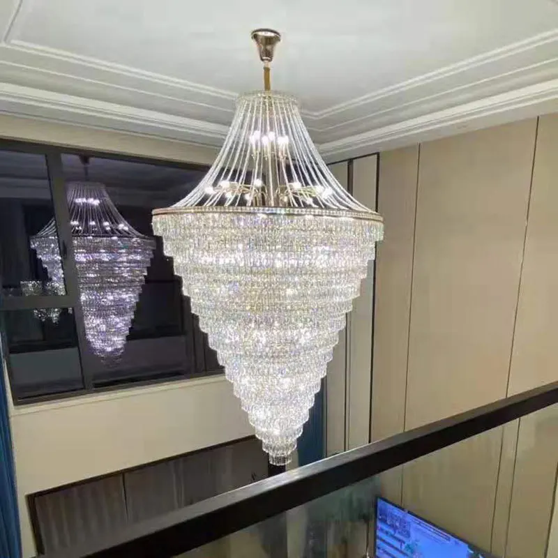 

Duplex building, large chandelier, villa, living room, hollow, simple, long crystal, rotating