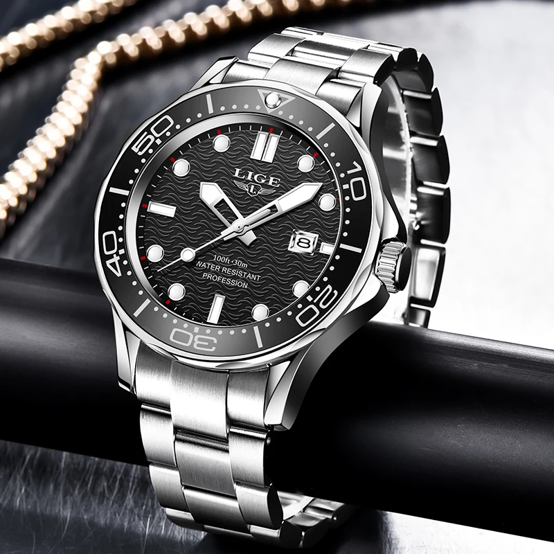 LIGE Mens Watches 3ATM Sports Waterproof Quartz Wristwatch Luminous Clock with Steel Bezel Watch for Men Relogio Masculino+Box