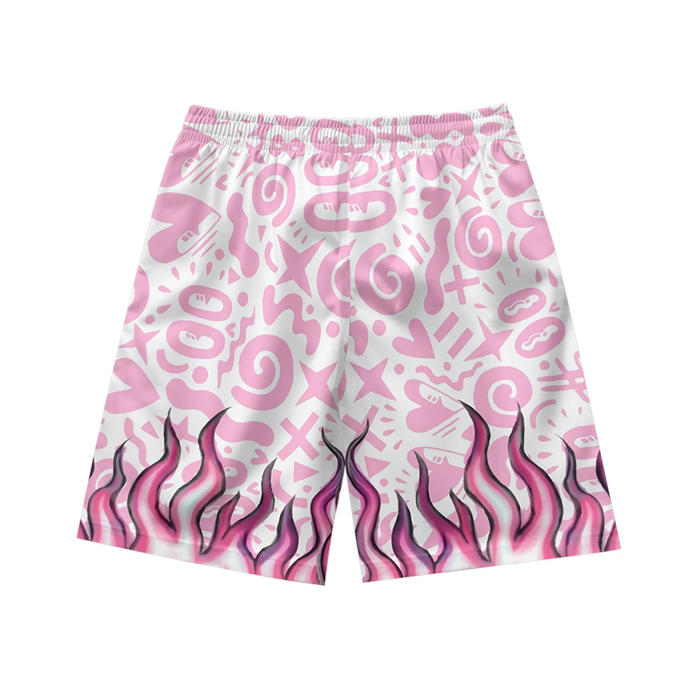 Pink flame pattern suitable for daily wear, simple temperament, casual trend, summer men's drawstring beach sports shorts