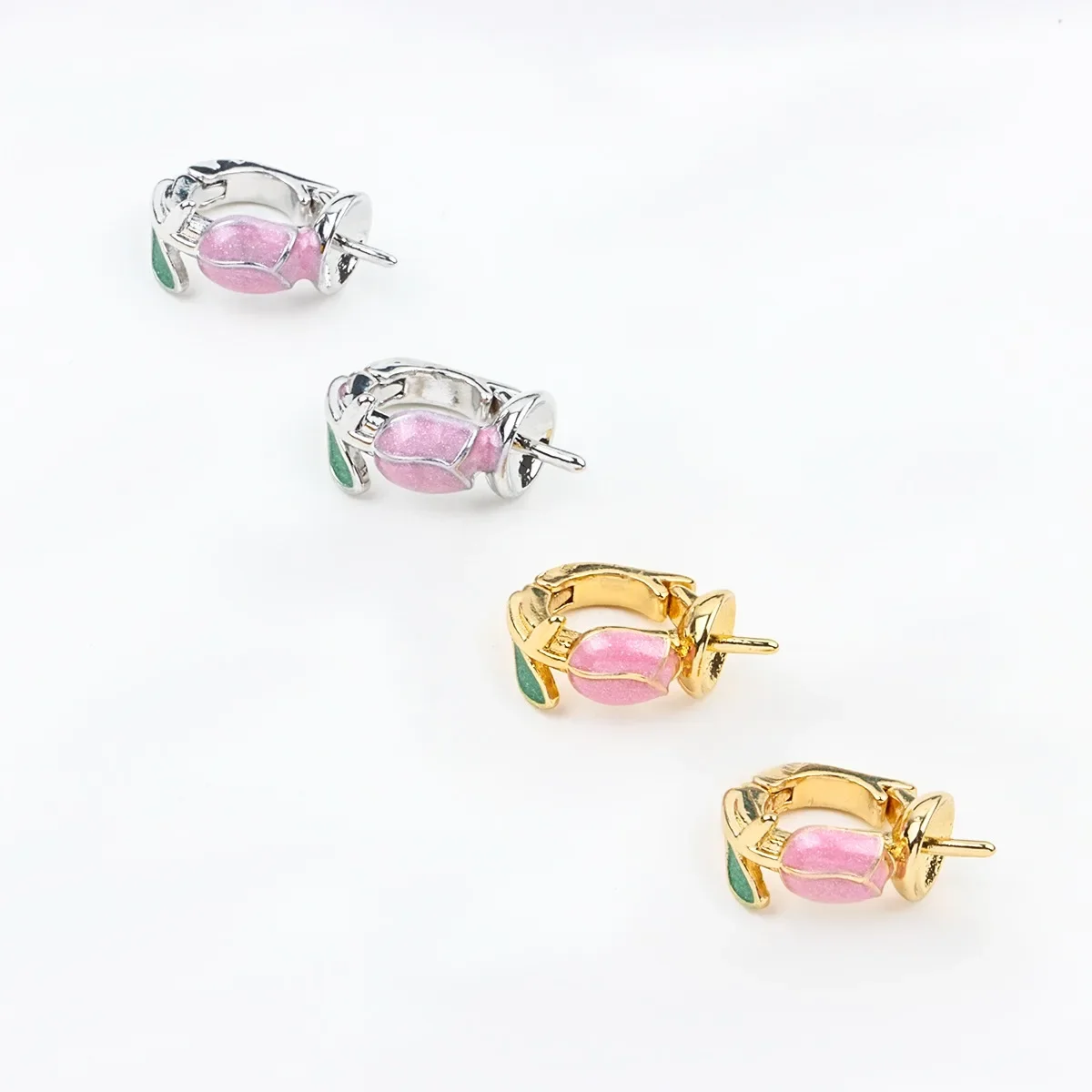 18K Real Gold Plated Oil Painting Style Tulip Removable Universal Buckle Hanging Pearl Pendant Holder DIY Material Accessories