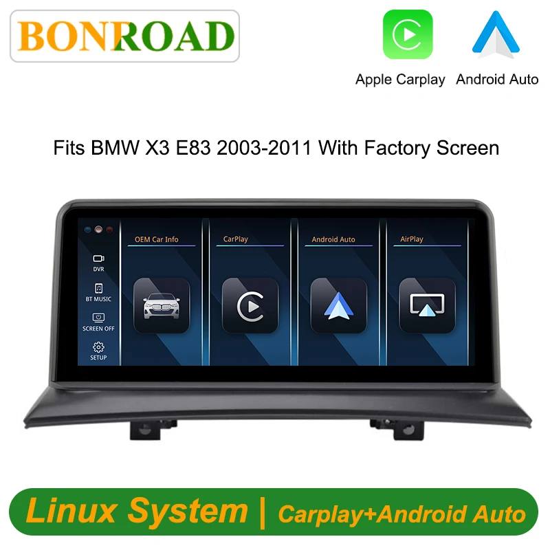 Reproductor Multimedia Automotriz Bonroad de 10.25 Pulgadas con Linux para BMW X3 E83 2003-2011, Pantalla de Fábrica, Carplay, Android Auto, Mirror Link, Estéreo 1