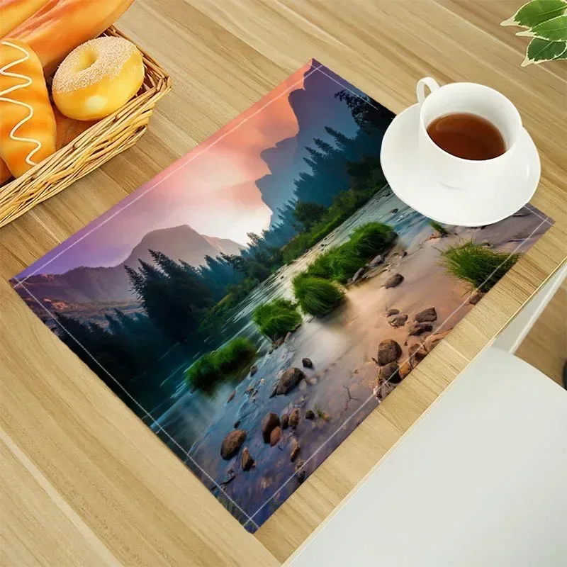 1PC Natural Forest Print Linen Dining Table Mats Alphabet Kitchen Placemat 30X40cm Coasters Pads Bowl Cup Mat