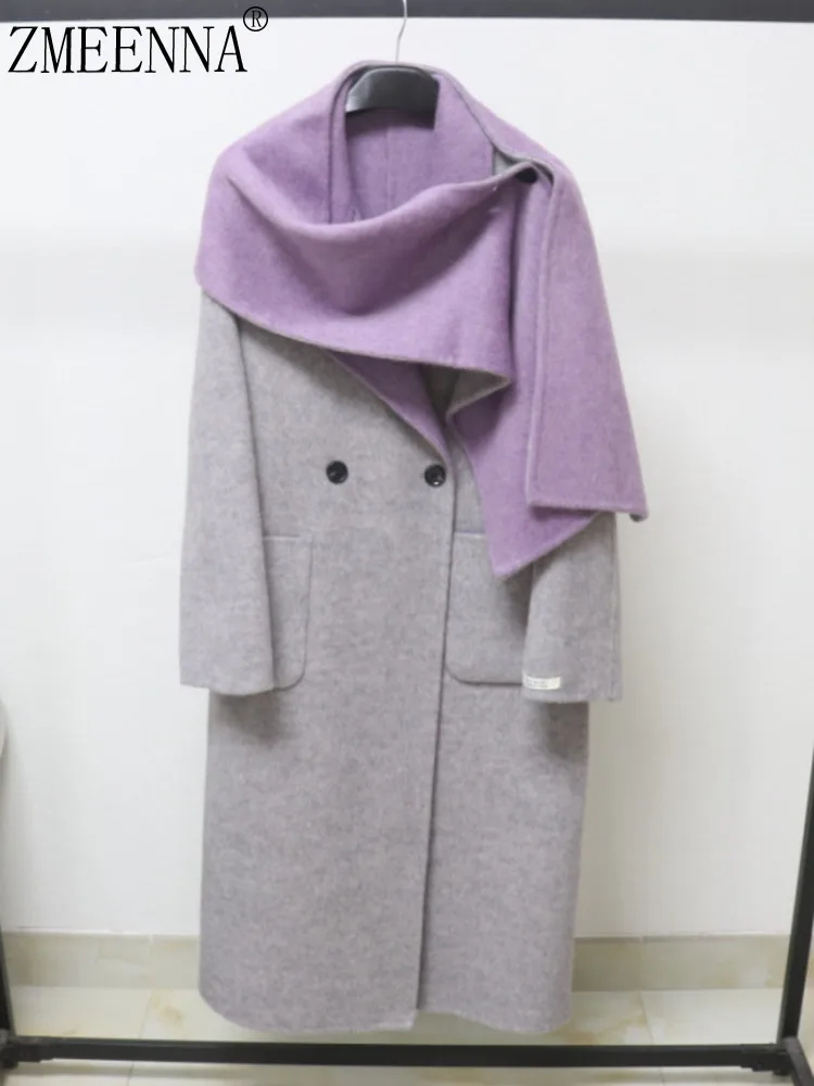 

ZMEENNA Womens Gray Wool Blend Long Coat Double Breasted With Detachable Purple Scarf Warm Winter Outerwear ZM4294