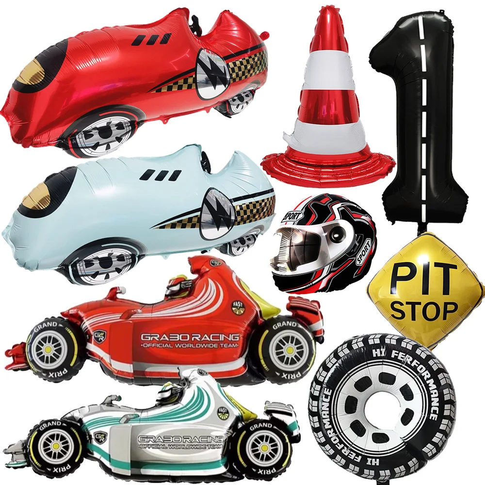 Big Race Car Balloon Wheel Balloon Traffic Cone Black and White Checkered Party Decor Boy Sport Race Car Birthday Party Supplies