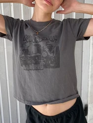 Classic Rock Graphic T-shirts Women Casual Summer Gray O Neck Short Sleeve Cotton Crop Top Vintage Streetwear Slim Y2k Tees Chic