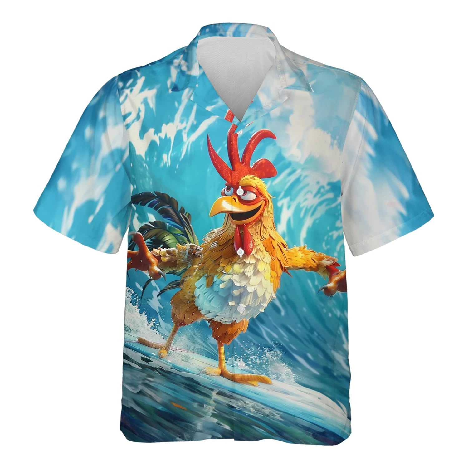 Camisa hawaiana divertida con dibujos animados de pollo surfista para hombre, camisas con botones para hombre, blusas de manga corta unisex