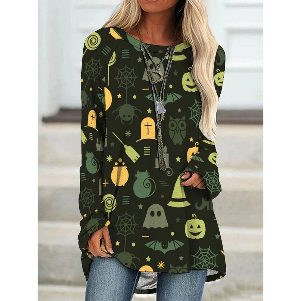 CLOOCL Damen-T-Shirt mit Rundhalsausschnitt, schwarze Katze, Zaubertrank-Aufdruck, Herbst, lange Ärmel, Pullover, Damen-Geschenke für Halloween