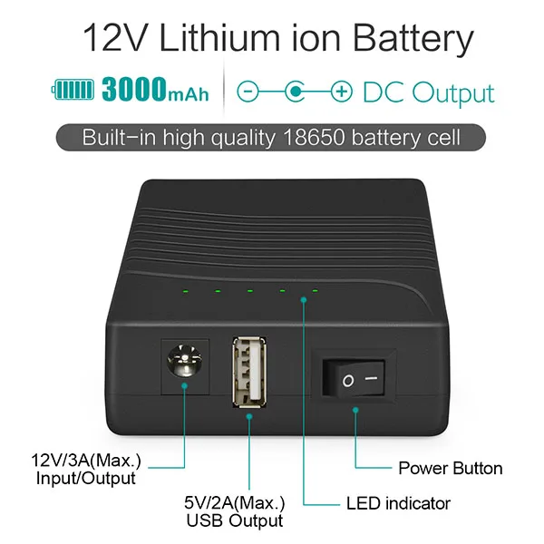 3000mah 5V 12V DC Output Black Portable Rechargeable 12V Lithium Ion Battery For IP Camera 4G Camera