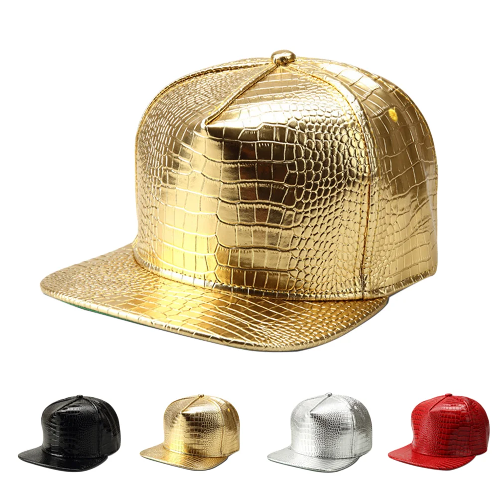 Unisex Crocodile Baseball Caps PU Adjustable Hip Hop Flat Brim Hats Snapback (Gold)