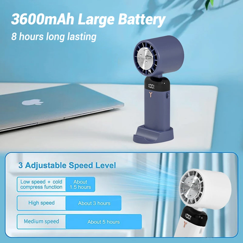 3600mAh Handheld Foldable Fan USB  Neck Hanging Fan 3 Modes Portable Personal Desk Cooling Ventilador Fan with Phone Holder