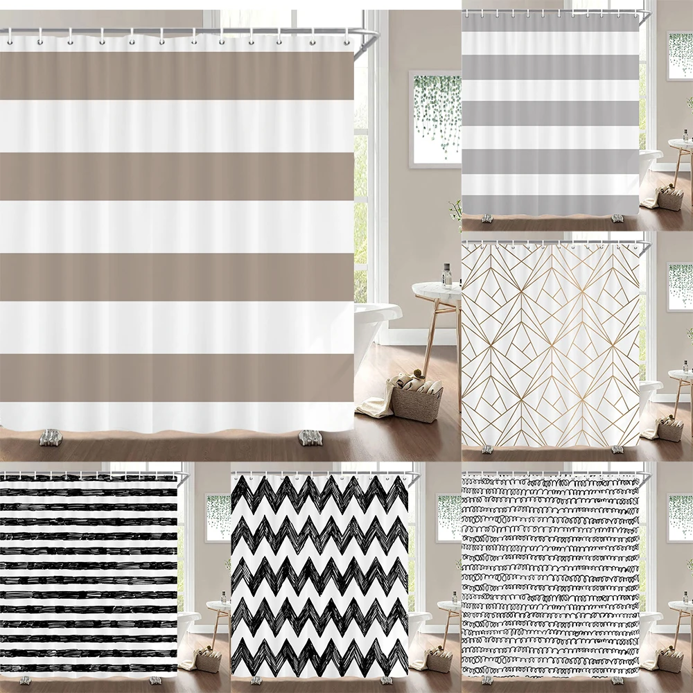 

Black White Wave Stripe Geometric Bathroom Shower Curtains Frabic Waterproof Polyester Bath Bathroom Curtain with Hooks