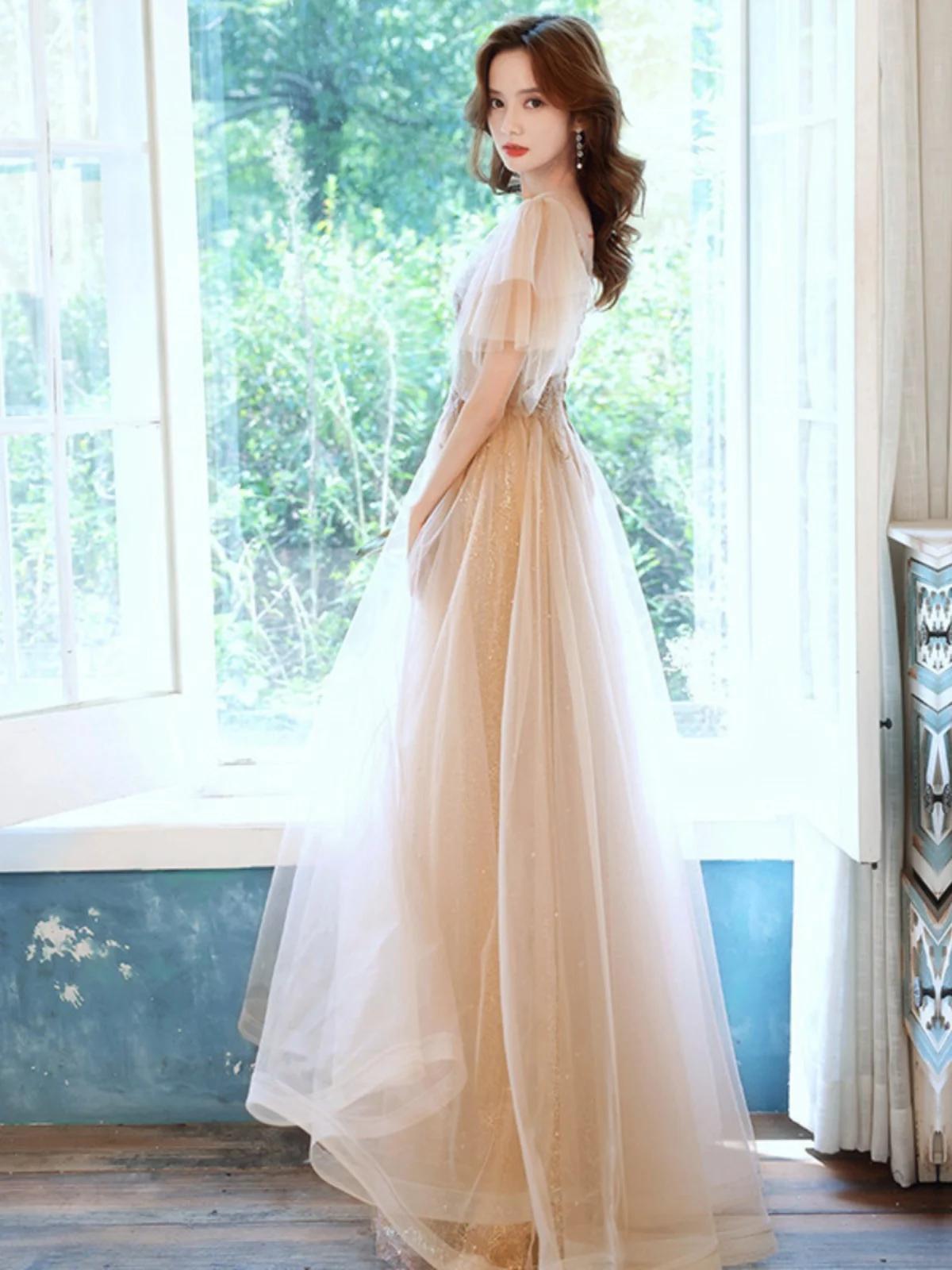 

Ele plus Size Evening Gown for Wedding Par Host Luxury Slimming Maids Dr Korean Sle ort Sve Floor Length