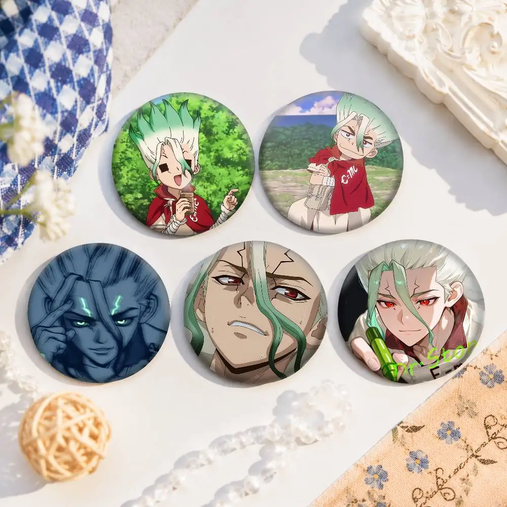 Dr. Stone 4 S-Senku Ishigami Snap-in Pins Cartoon Character Round Creative Brooches For Backpack Accessories Jewelry Gifts