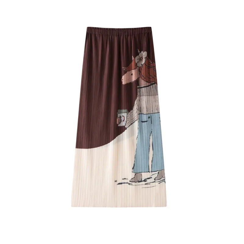 Miyake Pleated New Original 2026 Printed Pleated Skirt Women Summer Mid-Length Elastic Waist Cartoon Pattern Pleated Skirt