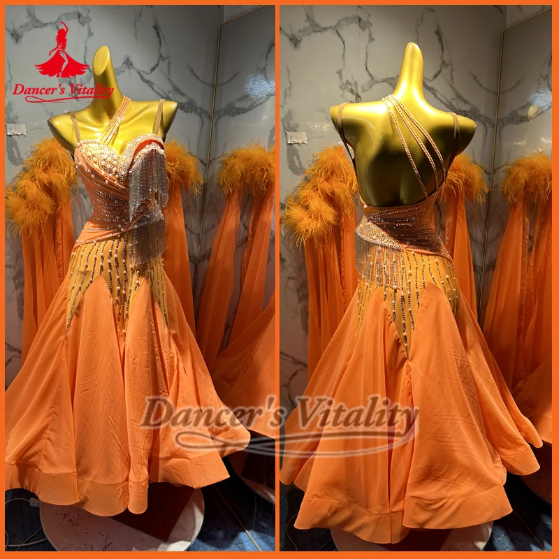 여성용 소셜 댄스 섹시 슬리브리스 슬링 백리스 우아한 빅 스윙 드레스 댄서의 활력 성인 왈츠 대회 의상 맞춤 제작