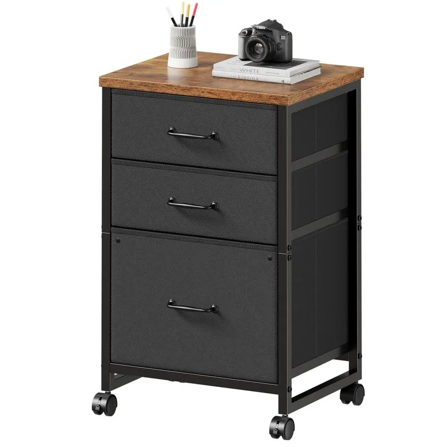 

3 Drawer Mobile File Cabinet with Wheels Fabric Vertical Filing Cabinet fits A4 or Letter Size for Home Office,Rustic Brown
