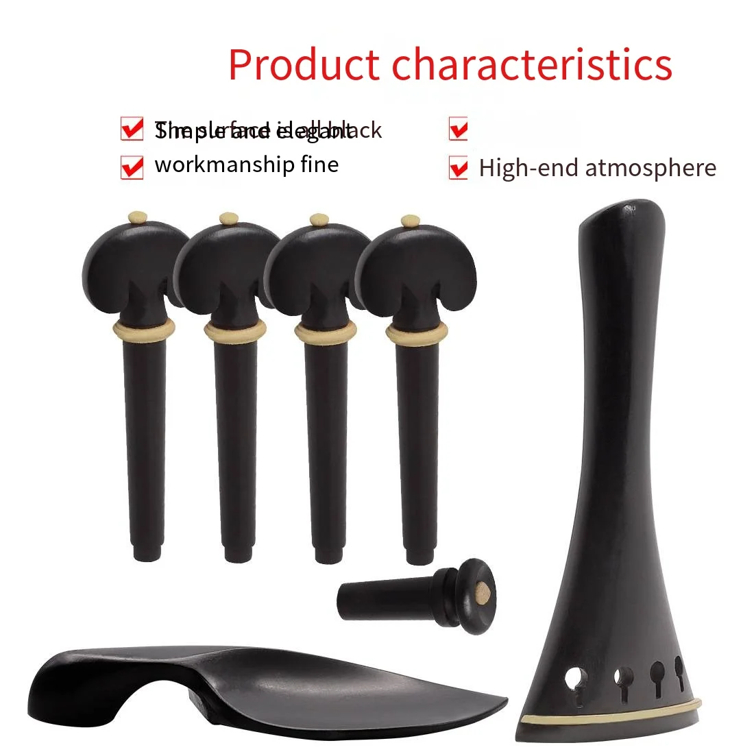 4 pieces of high-end ebony accessories for violin (string plate + string shaft + cheek rest + tail nail)