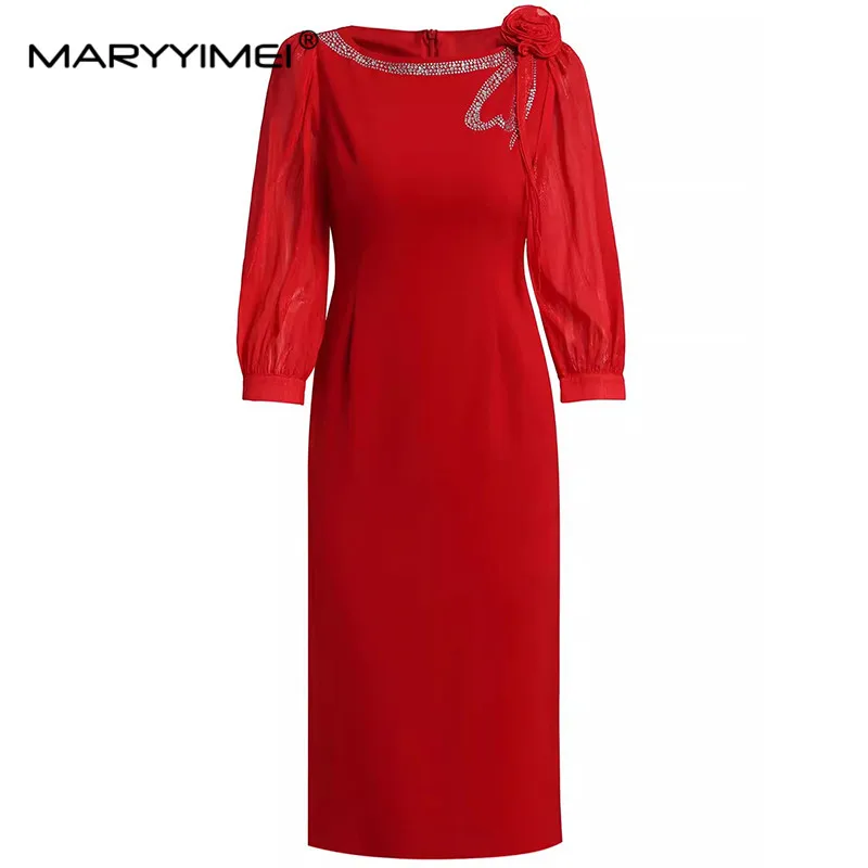 

MARYYIMEI Fashion Women's New Round Neck Three Quarter Sleeved Three-Dimensional Flower Diamond High-Waisted Hip Wrap MIDI Dress