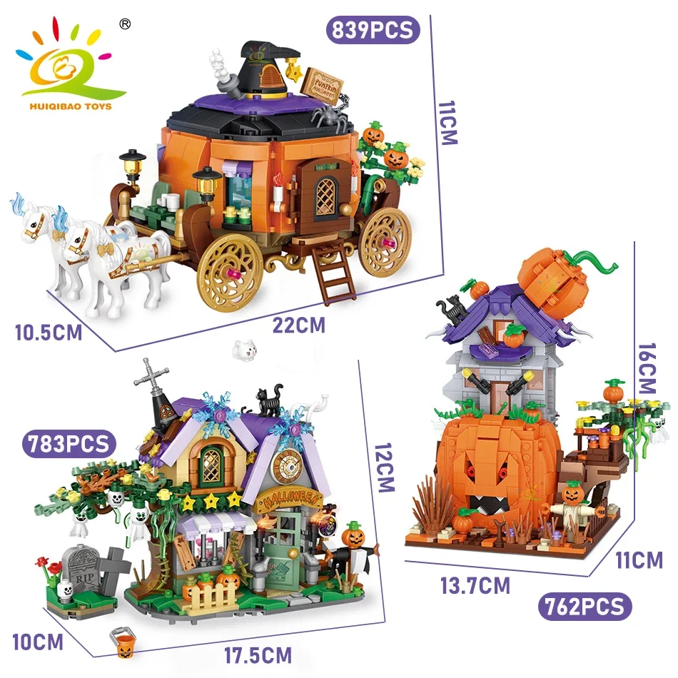 Huiqibao Halloween Mini Kürbis Haus Mikro Modell Bausteine Stadt Kind DIY Kürbis Wagen Set Ziegel Spielzeug Kinder Geschenk