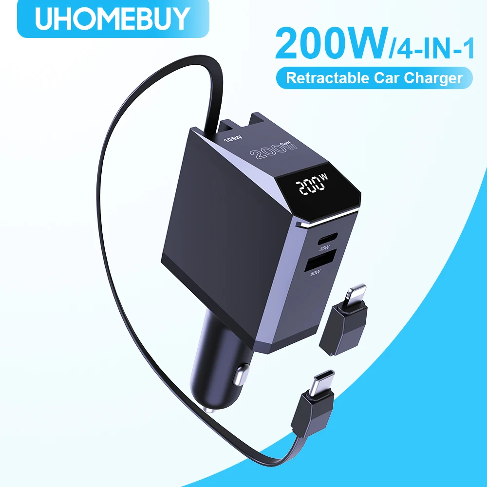 

Автомобильное зарядное устройство для телефона 200 Вт 4 в 1, тип C PD105W, выдвижной зарядный кабель с цифровым дисплеем для ноутбуков IPhone Huawei Samsung