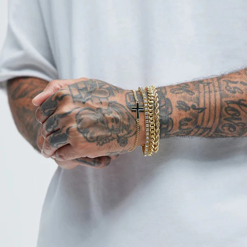 4pcs Stainless Steel Cross Chain Bracelet Set for Men Women Punk Hiphop Minimalist Zircon Bracelets Daily Wear Party Jewelry New