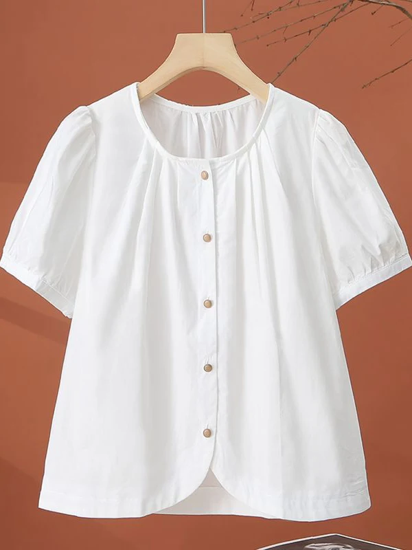 

Faionable Pure Cotton Bubble ort Sve irt round Ne ort oulder Women's Summer New High Waist Top Korean Sle Lo...