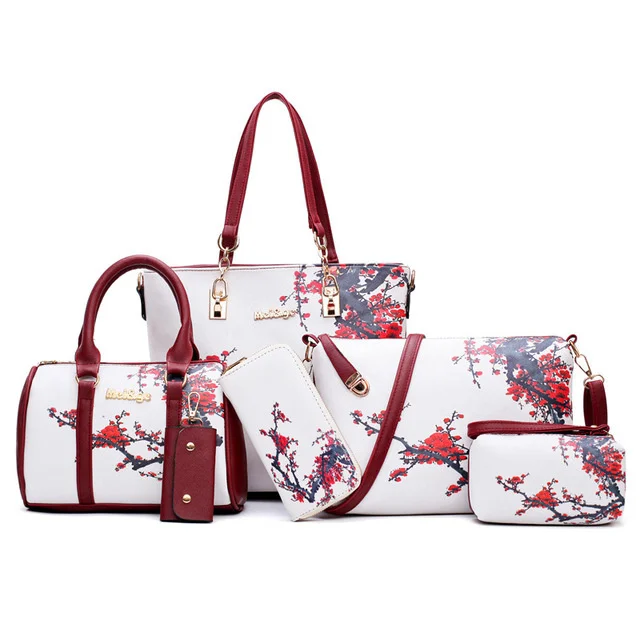 

6pcs/Set Fashion Women Handbags Prints PU Leather Composite Bag Clutch Set Large Shoulder Bag Purse Female Set Bag Composite Bag