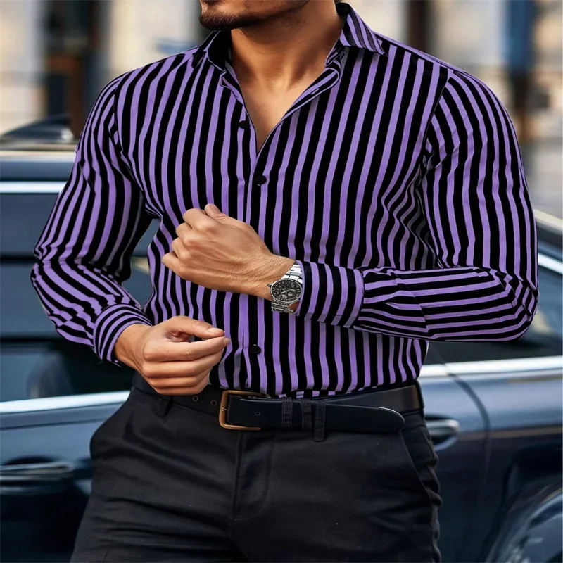 Business men's shirt, solid color, striped print pattern, long sleeves, lapel buttons, casual street party, comfortable and soft